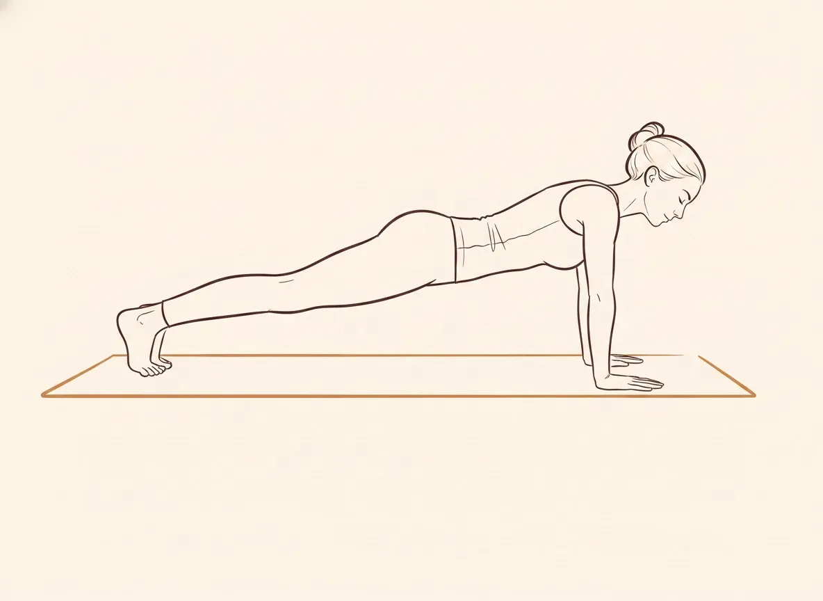 Ink line drawing, step 1: A woman holds Plank Pose with arms straight and body in a straight line from head to heels.