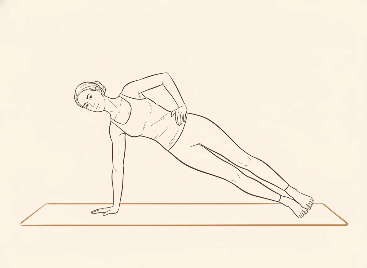 Ink line drawing, step 2: The woman opens her chest to the side, balancing on her right hand and the outer edge of her right foot, with her left foot stacked on top.