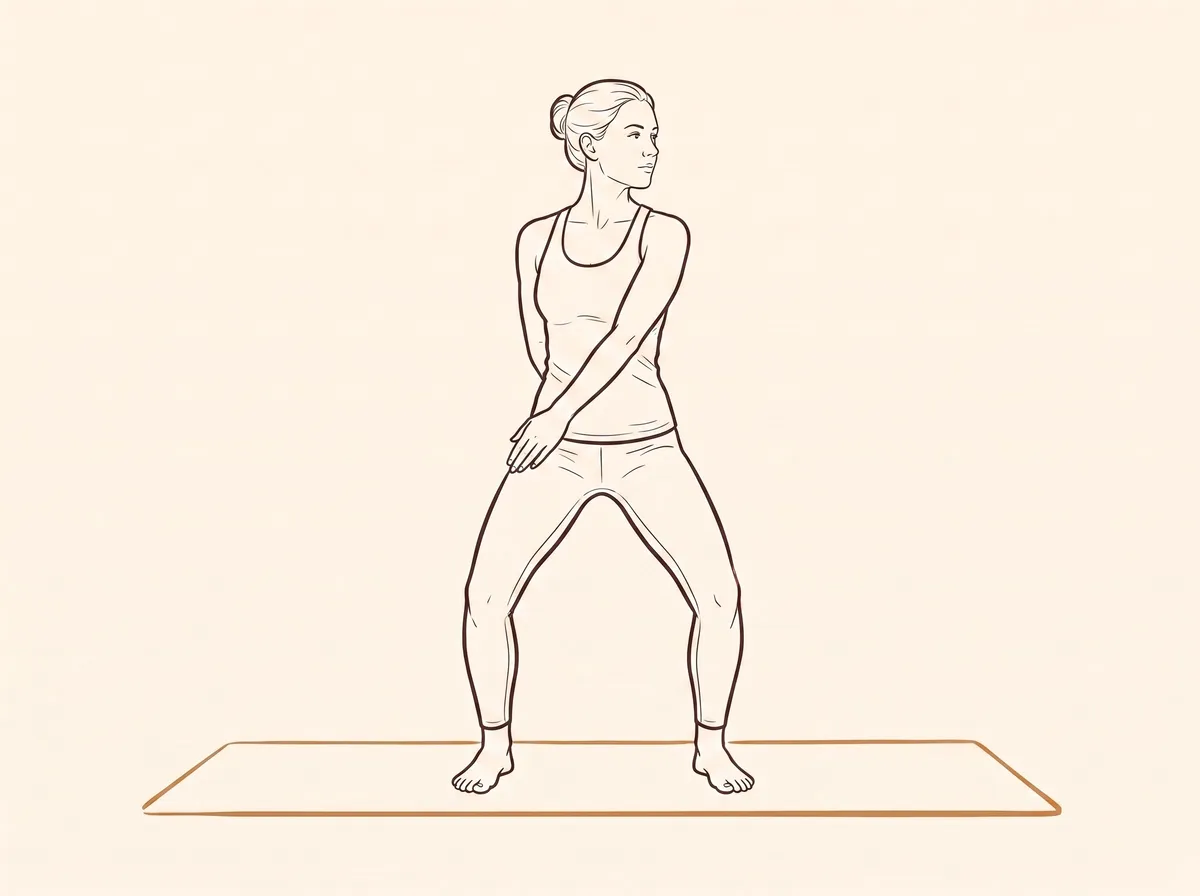 Ink line drawing of Right Waist Rotation Pose (Kaṭicakrāsana)