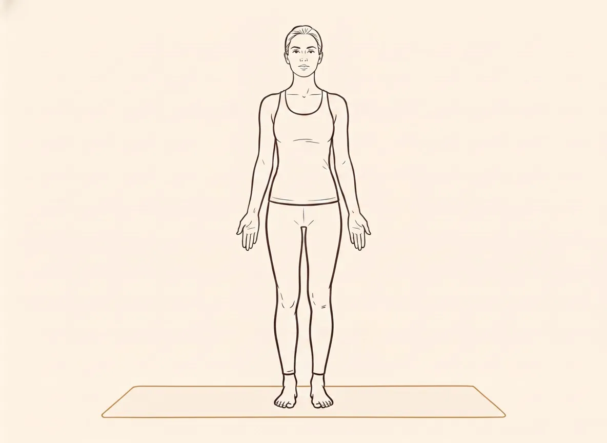 Ink line drawing, step 1: A woman stands tall in Mountain Pose with arms at her sides.