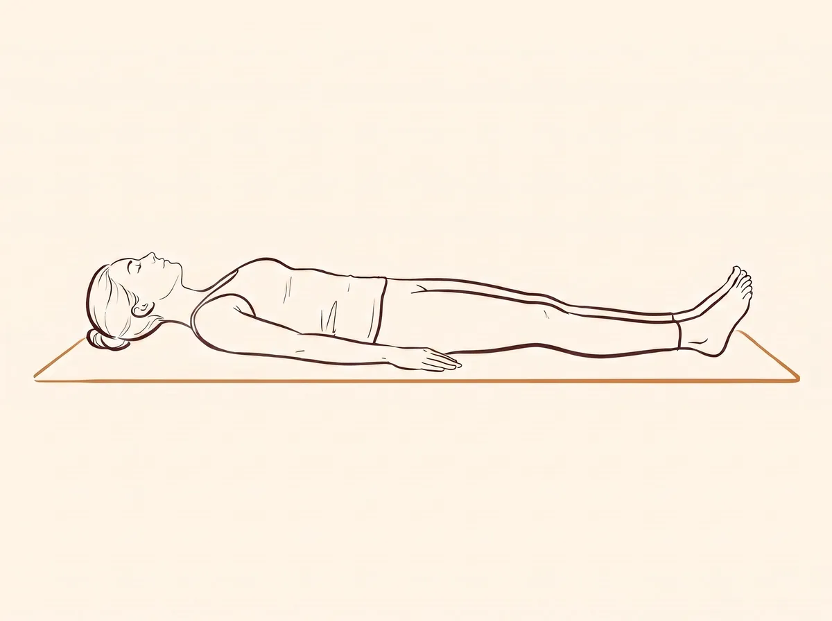 Ink line drawing, step 1: A woman lies flat on her back with legs extended and arms by her sides.