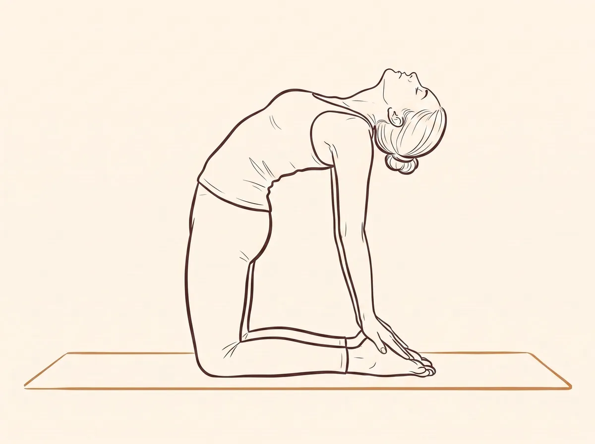 Ink line drawing of Camel Pose with Palms Set Against Feet (Uṣṭrāsana) - final position