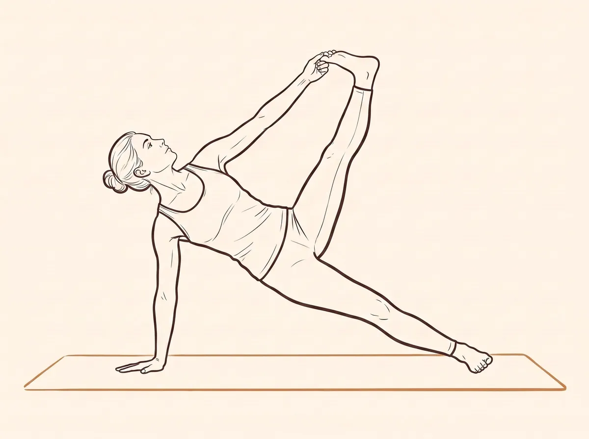 Ink line drawing of Side Plank Pose with Right Hand Grab (Vasiṣṭhāsana)