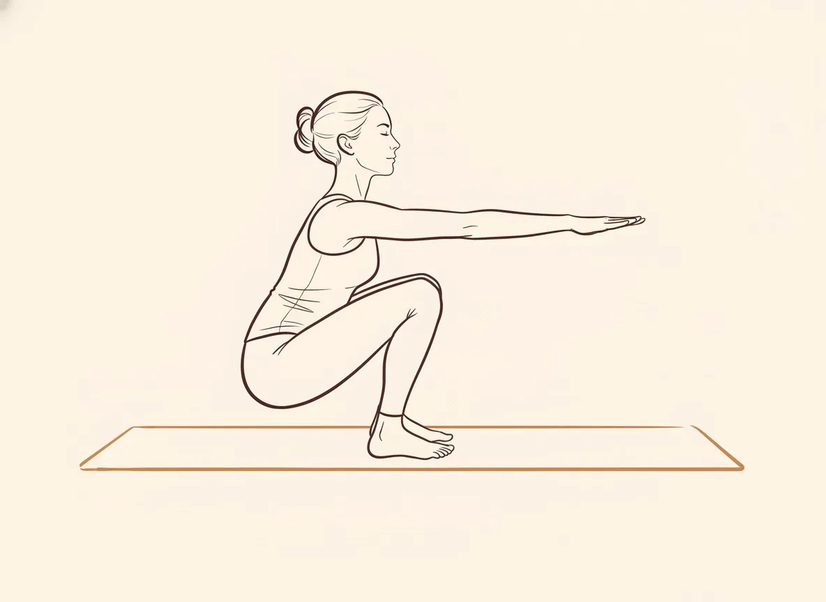 Ink line drawing of Chair Pose with Straight Arms Forward (Utkaṭāsana) - final position