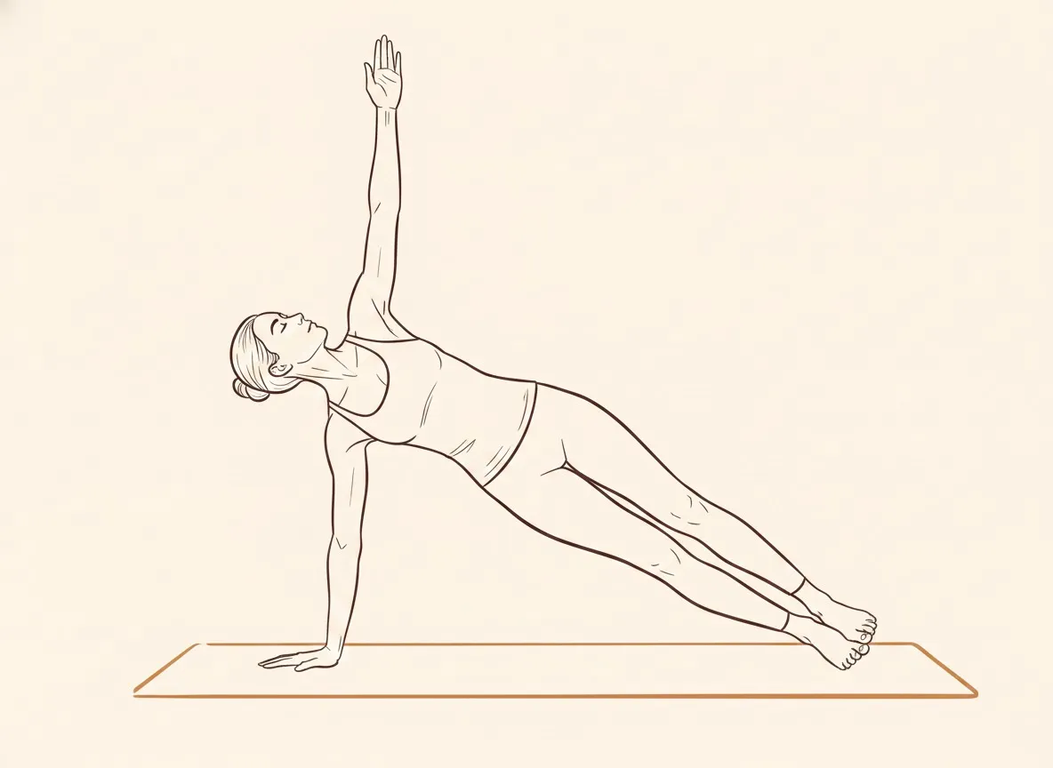 Ink line drawing of Side Plank Pose on Right Hand with Legs Together (Vasiṣṭhāsana) - final position